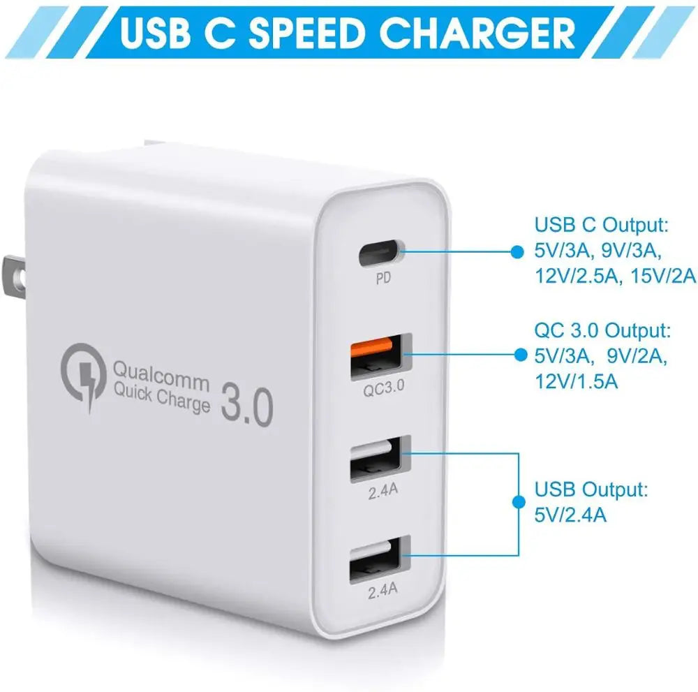 USB C Charger,  48W 4 Ports Fast Charging PD Wall Chargers with Quick Charge 3.0, Multi Port USB-C Travel Adapter for phones