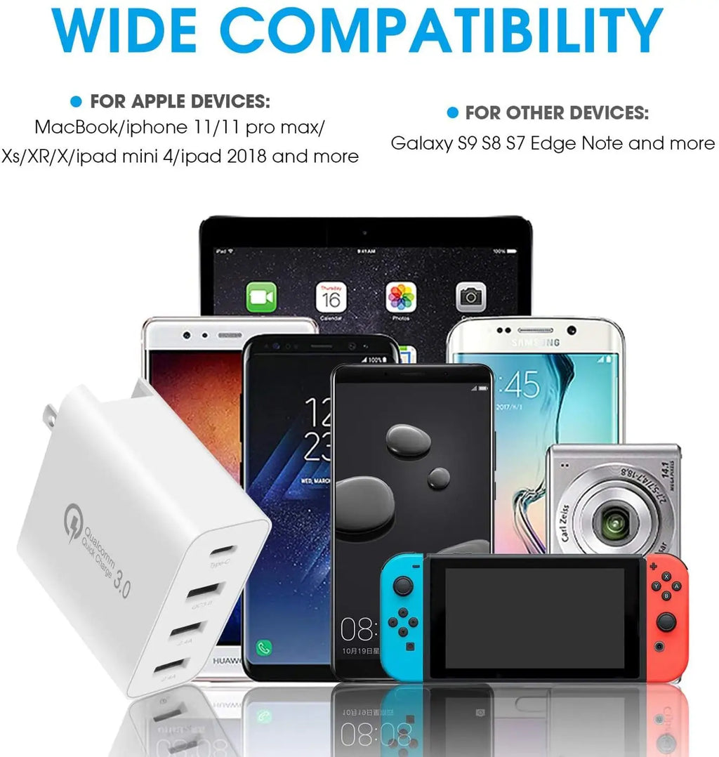 USB C Charger,  48W 4 Ports Fast Charging PD Wall Chargers with Quick Charge 3.0, Multi Port USB-C Travel Adapter for phones
