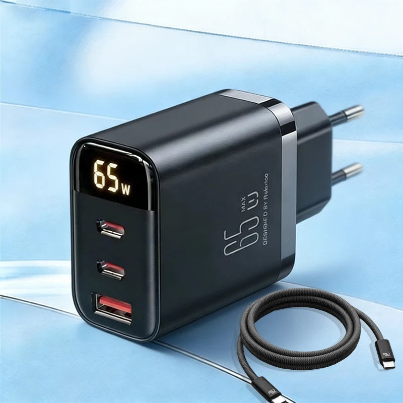 3 Charging Ports 65W/45w/30W US/EU PD TypeC USB Charger + C Cable for Phone Tablet Laptop Fast Charging