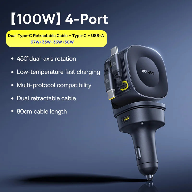 Baseus Car Charger 60W 100W 30W 240W 4 ports Built in Dual Retractable Cable PD Fast Charging USB Type-C Car Phone Charger