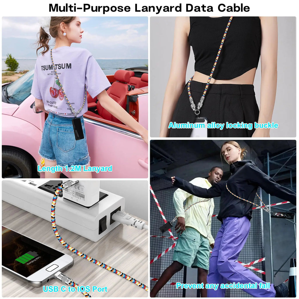 Portable Mobile Phone Charging Cable Mobile Phone Lanyard 2-in-1 Lanyard Dual Purpose Crossbody Strap Charge Cable iPhone  TypeC