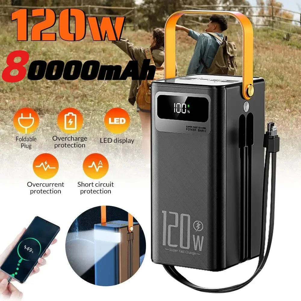 Portable Power Bank 120W 80000mAH Super Fast Charger Large Capacity External Battery Supports Simultaneous Charging of 7 Devices
