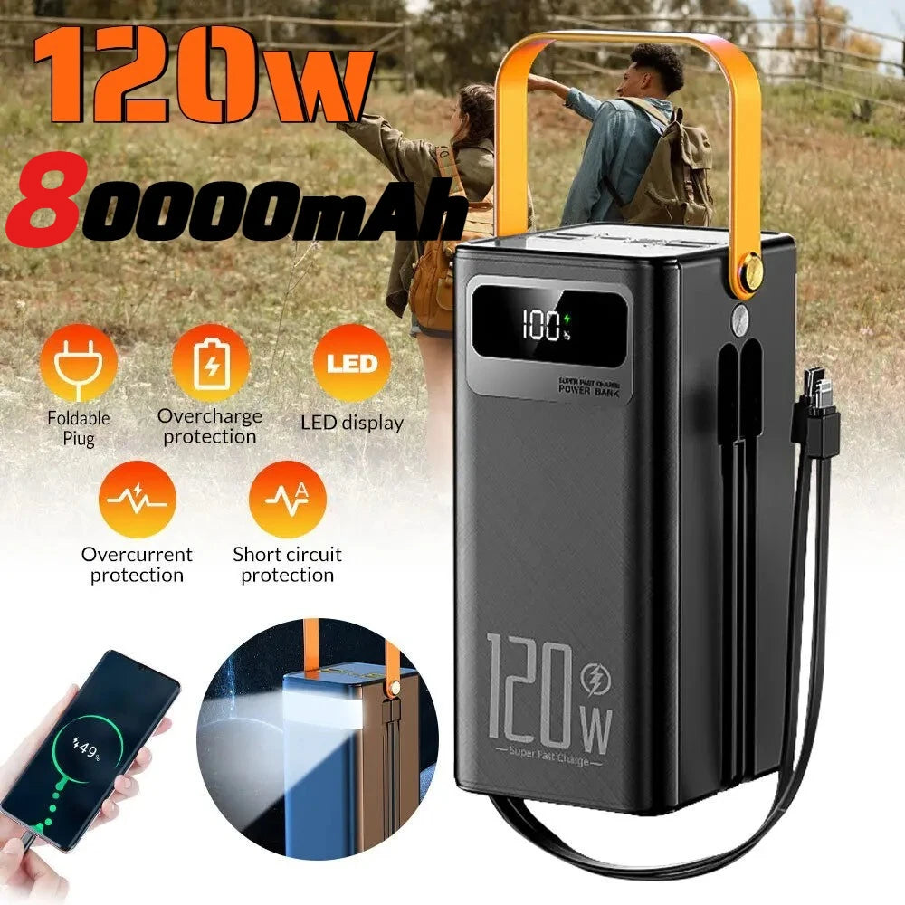 Portable Power Bank 120W 80000mAH Super Fast Charger Large Capacity External Battery Supports Simultaneous Charging of 7 Devices