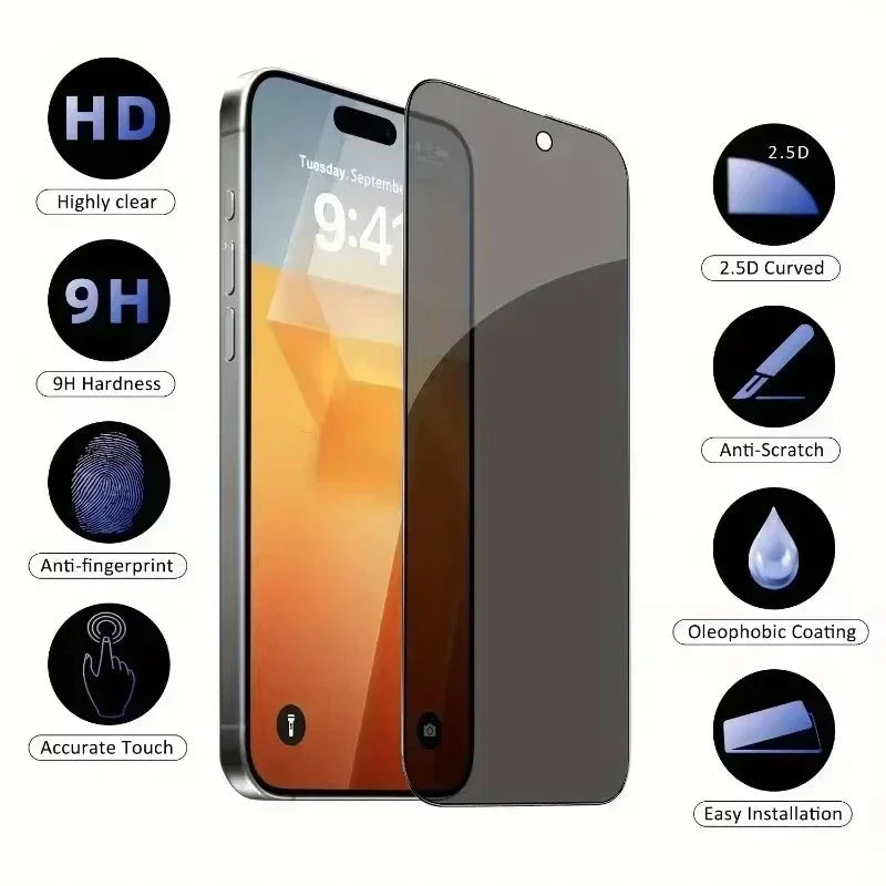 5Pcs Full Cover Privacy Screen Protector For iPhone 16 11 12 13 14 Pro Max Mini 8K Anti-spy Glass For iPhone 15 17 PRO XR XS MAX