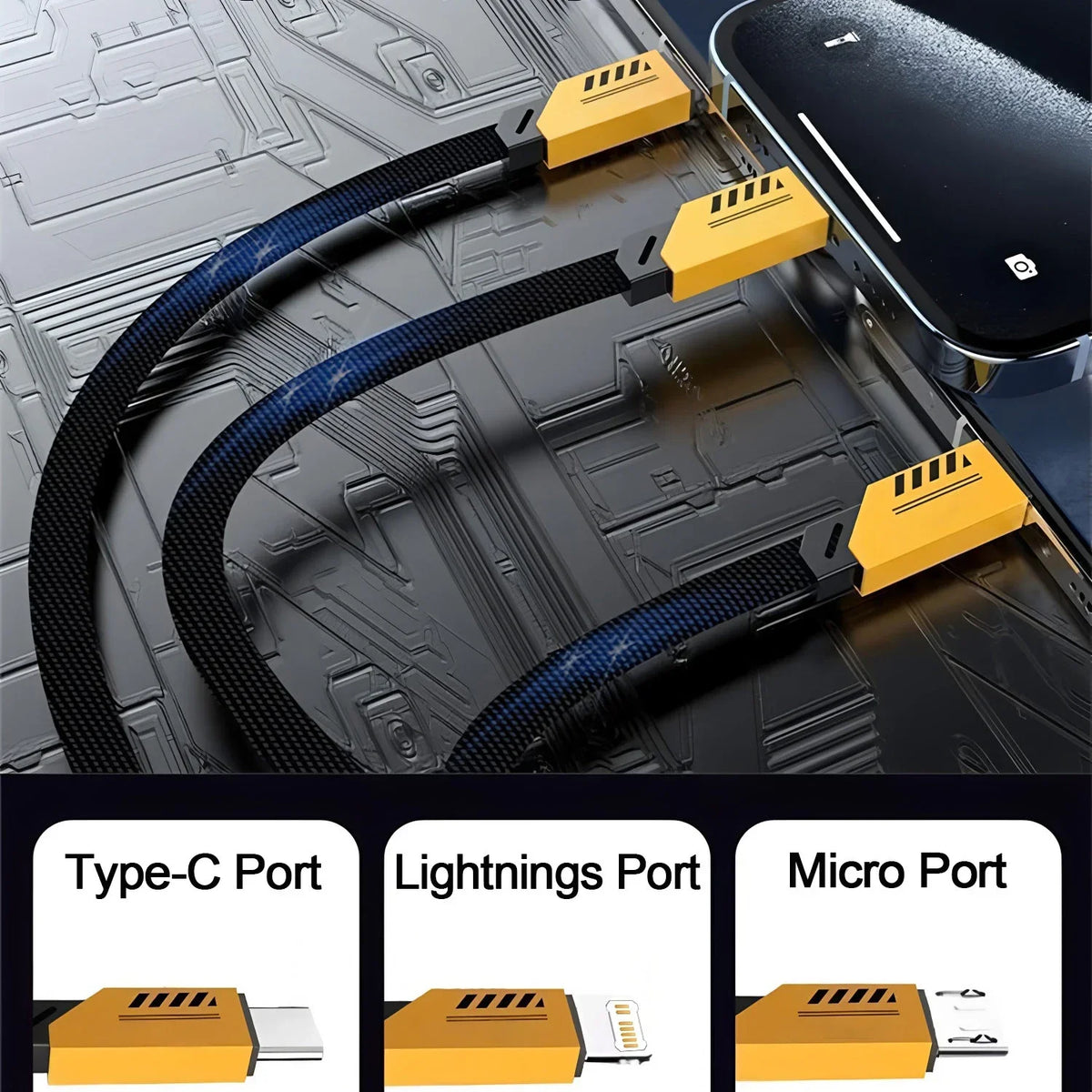 240W Multi Charging Cable 1.2m 3 In 2 Port Fast Charge Cord Compatible Type-C Micro USB Mobile Phones