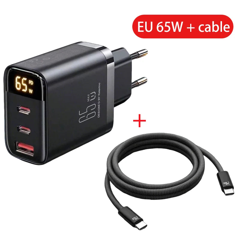 3 Charging Ports 65W/45w/30W US/EU PD TypeC USB Charger + C Cable for Phone Tablet Laptop Fast Charging
