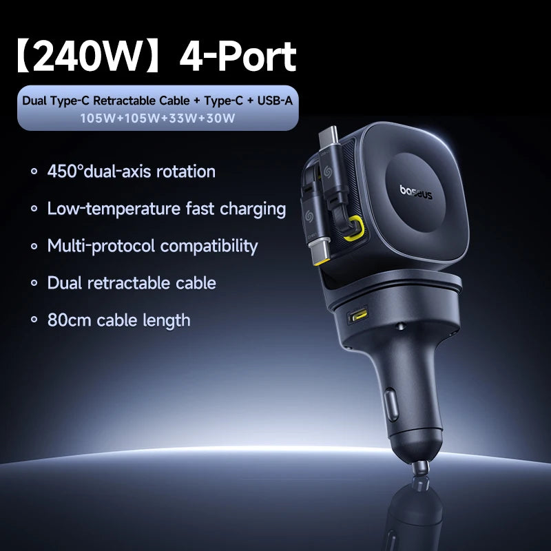 Baseus Car Charger 60W 100W 30W 240W 4 ports Built in Dual Retractable Cable PD Fast Charging USB Type-C Car Phone Charger