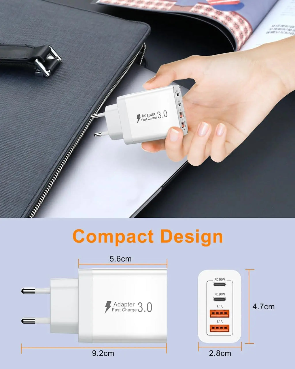 EU/UK/US/AU Wall Plug Multi-Port USB-C/USB-A Mobile Phone Charger, 40W Dual PD Fast Charging Block Adapter for iPhone, Xiaomi