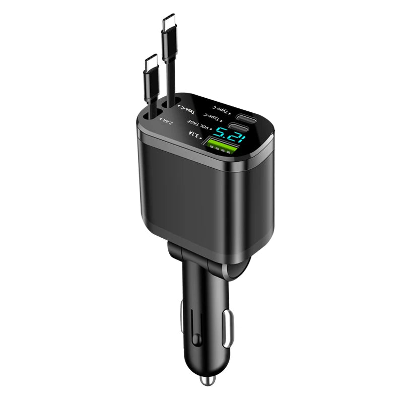 Car charger, car charger with retractable cable, car PD, car fast charging, super fast charging, flash charging, five in one cig