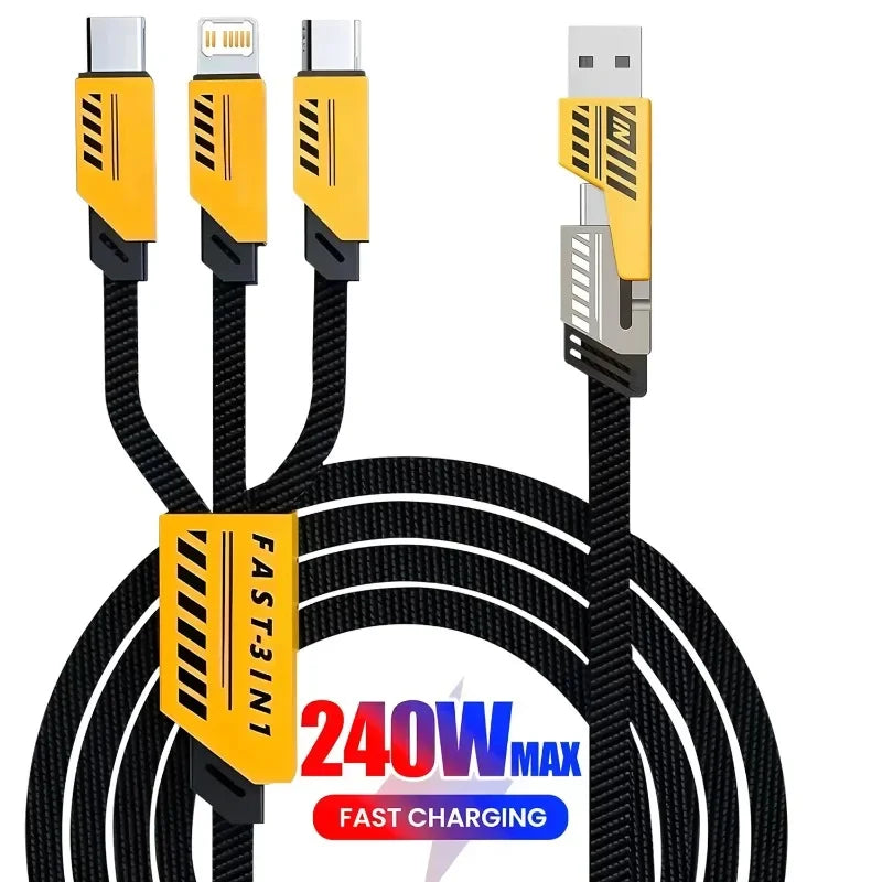 240W Multi Charging Cable 1.2m 3 In 2 Port Fast Charge Cord Compatible Type-C Micro USB Mobile Phones