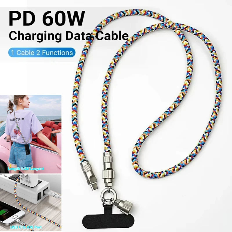 Portable Mobile Phone Charging Cable Mobile Phone Lanyard 2-in-1 Lanyard Dual Purpose Crossbody Strap Charge Cable iPhone  TypeC