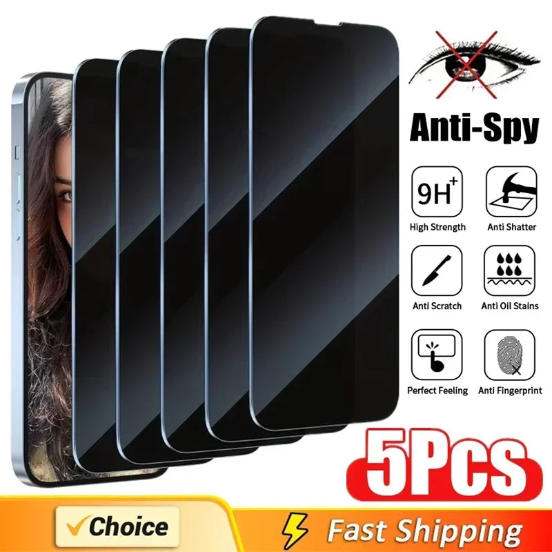 5Pcs Full Cover Privacy Screen Protector For iPhone 16 11 12 13 14 Pro Max Mini 8K Anti-spy Glass For iPhone 15 17 PRO XR XS MAX