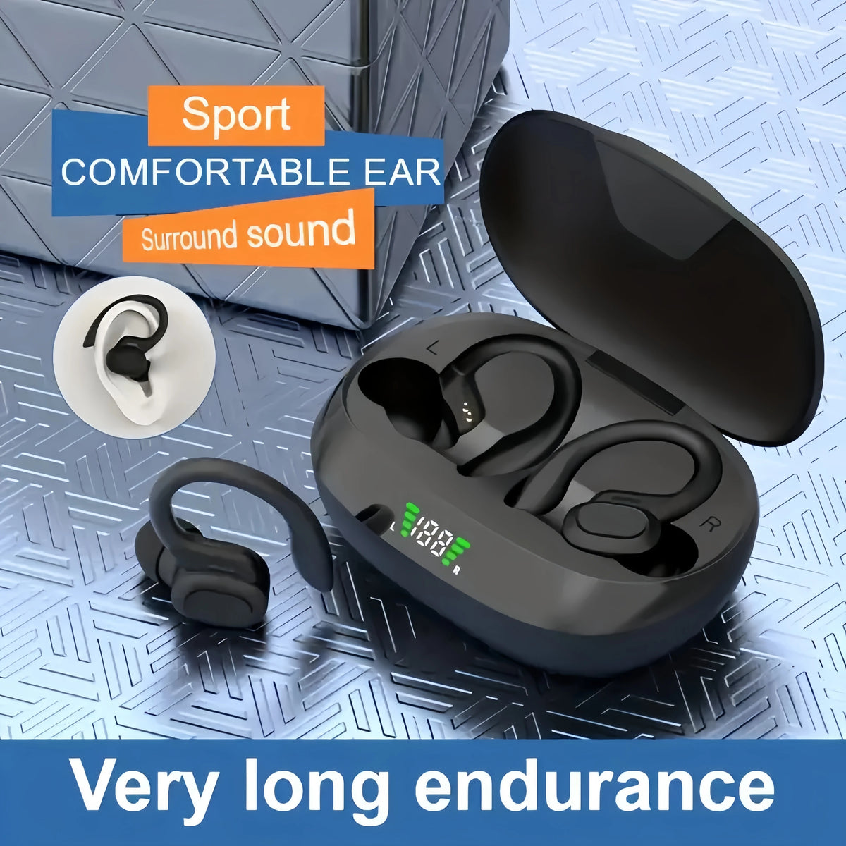 True Wireless Earbuds, Tws Headphones with Microphone, Sports Ear Clip Headphones, Stereo In-Ear Headphones with Led Display