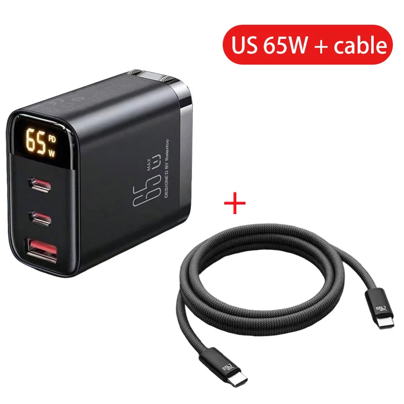 3 Charging Ports 65W/45w/30W US/EU PD TypeC USB Charger + C Cable for Phone Tablet Laptop Fast Charging