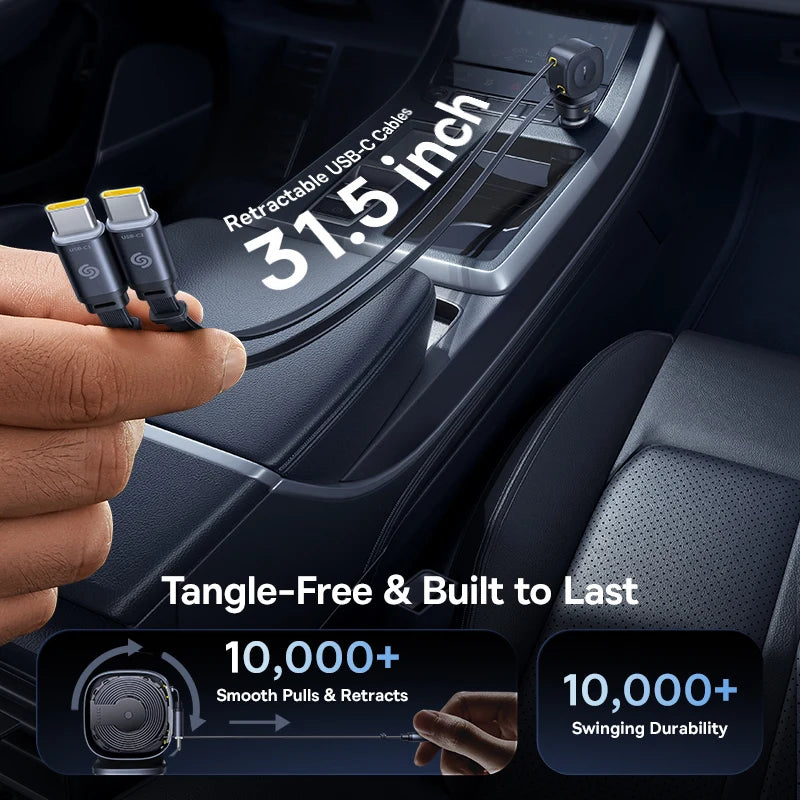 Baseus Car Charger 60W 100W 30W 240W 4 ports Built in Dual Retractable Cable PD Fast Charging USB Type-C Car Phone Charger